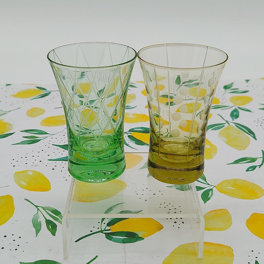 Set of 2 Vintage Glasses Shot Cordial Liquor Whiskey Neon Yellow Green